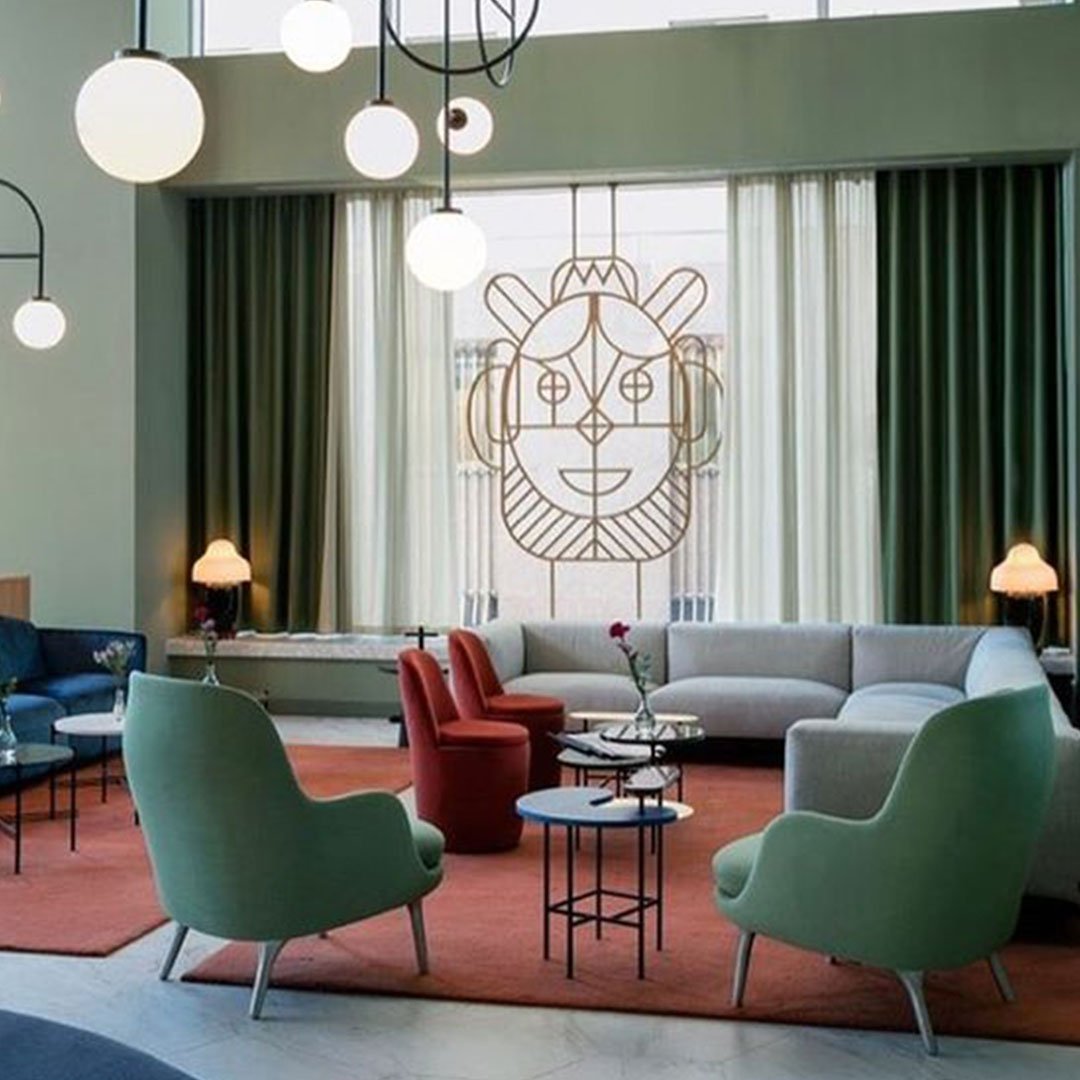 builtnicely's tweet image. Wishing we could sit relaxing all cool at this hotel lobby in the chic Barceló Tower of Madrid in Spain. We simply can't stop swooning over the pops of muted colors against the achromatic grey and the playful mask work behind the curtains. Photo cred:Klunderbie #designinspo