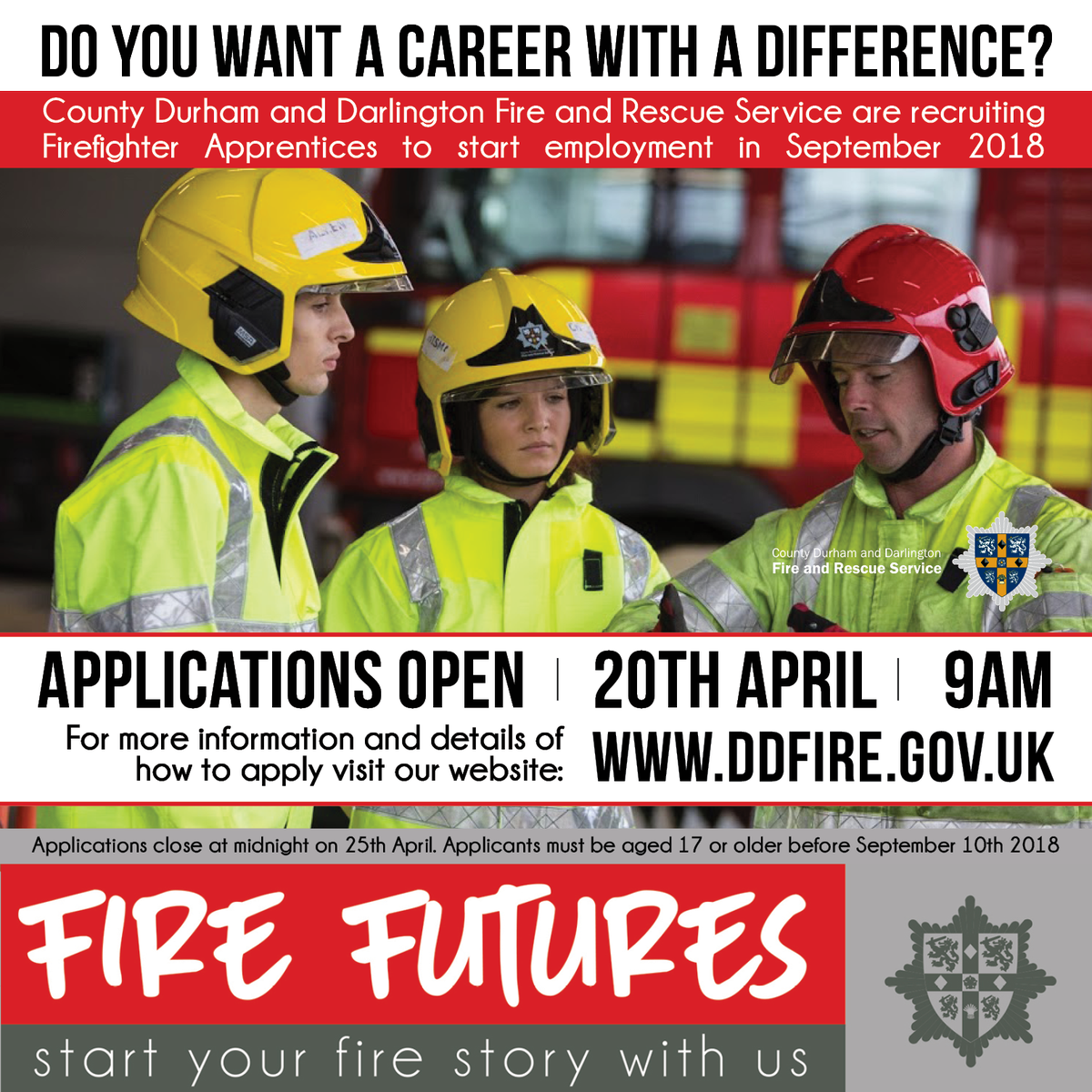 ‼️9AM TOMORROW ‼️
CDDFRS opens applications for Firefighter Apprentices, applications will close at midnight Wednesday 25th April
For more information and details of how to apply visit our website 👉 ddfire.gov.uk