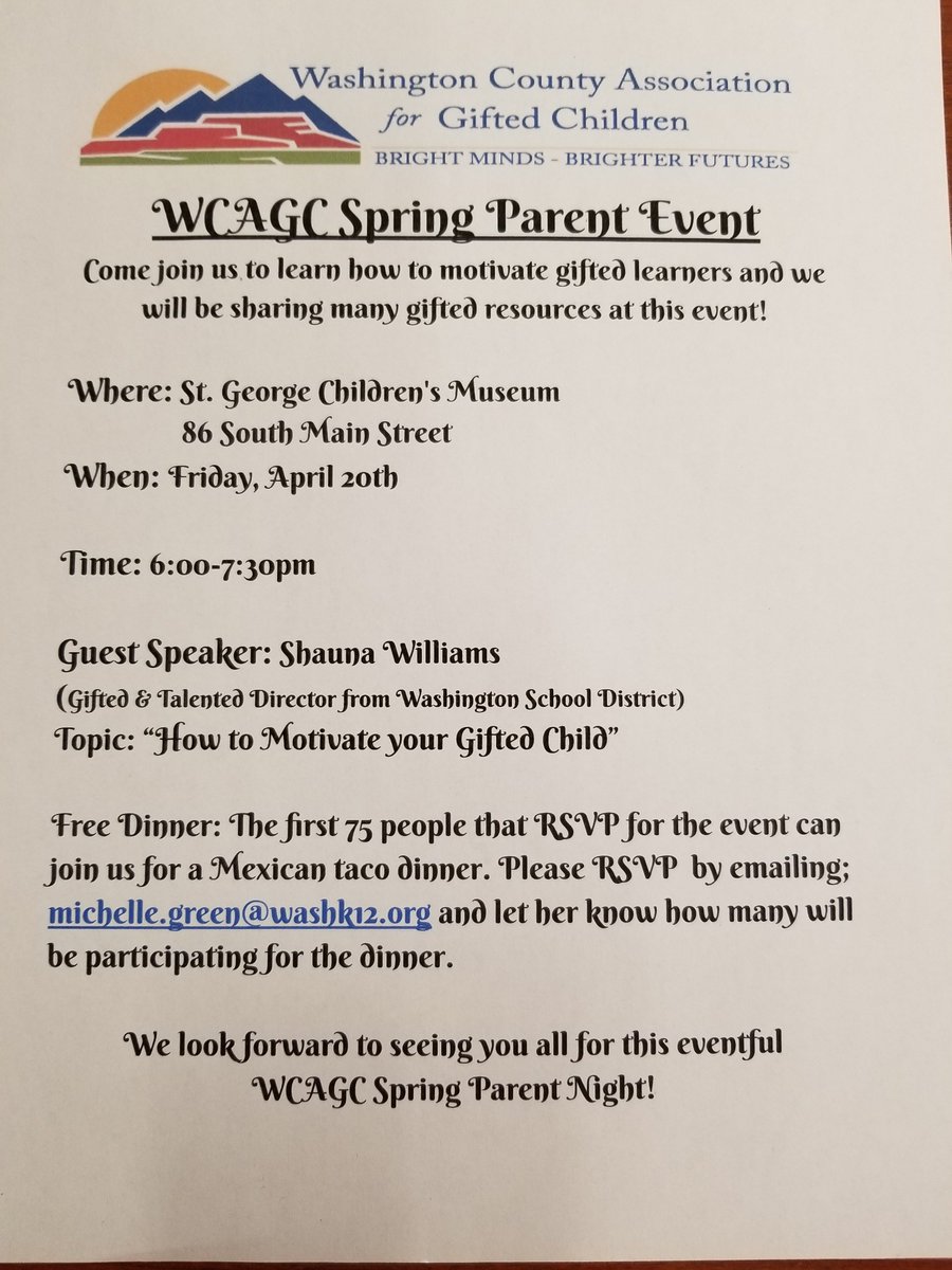Just a quick reminder that tomorrow Friday, April 20 we are having our Spring Parent Event. Come get many great resources for your gifted children and enjoy a Mexican taco dinner. We are very excited and hope to see you all there!