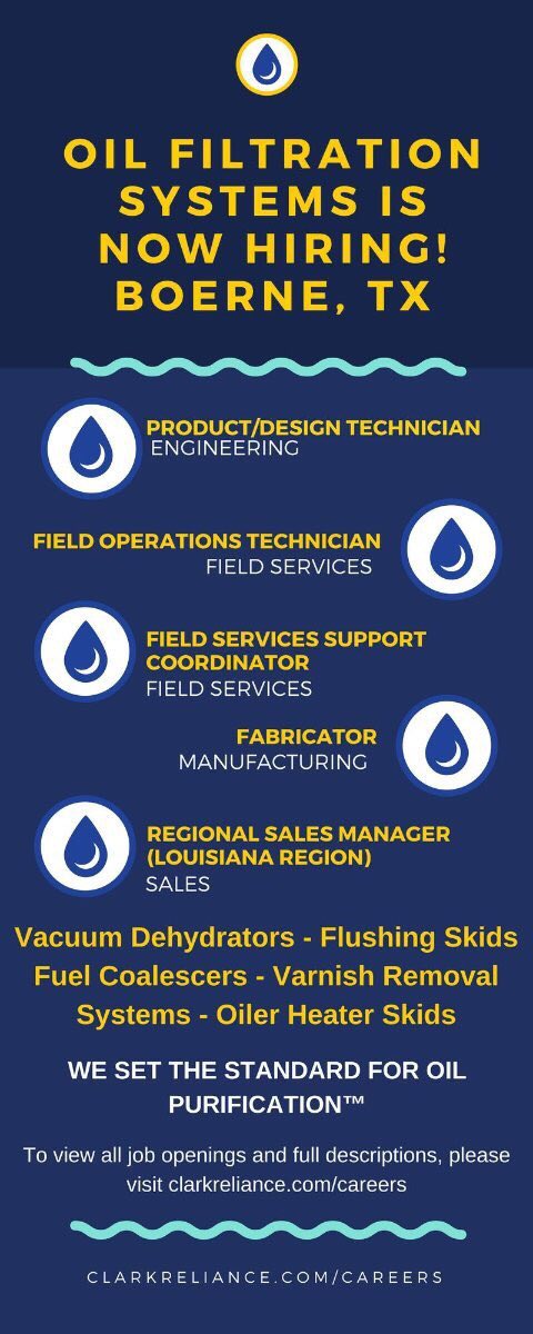 Oil Filtration Systems is hiring! See open positions below and visit clarkreliance.com/careers to apply today!
#Filtration #NowHiring #ApplyToday #OFS