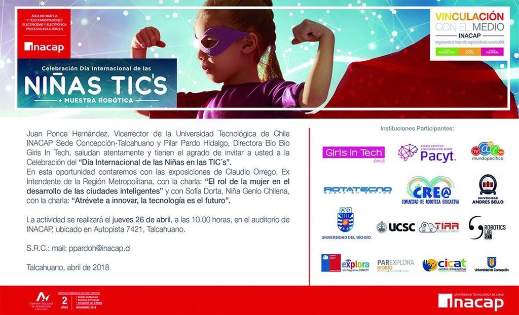 ingeniosatienda's tweet photo. ¡Atención #Concepción!
El próximo 26 de abril celebraremos el Día Internacional de las Niñas en las TIC's, con charlas de alto impacto y una muestra de robótica 🤖. 
¡No se lo pierdan! 
Inscripciones a ppardoh@inacap.cl https://t.co/EtdZTNlLDZ