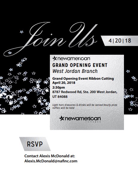 Come &amp; Celebrate with us TOMORROW at New American Funding's Grand Opening and Ribbon Cutting. Help us welcome them to West Jordan and the Chamber! 

#ribboncutting #westjordanchamber #newamericanfunding #grandopening #rsvp