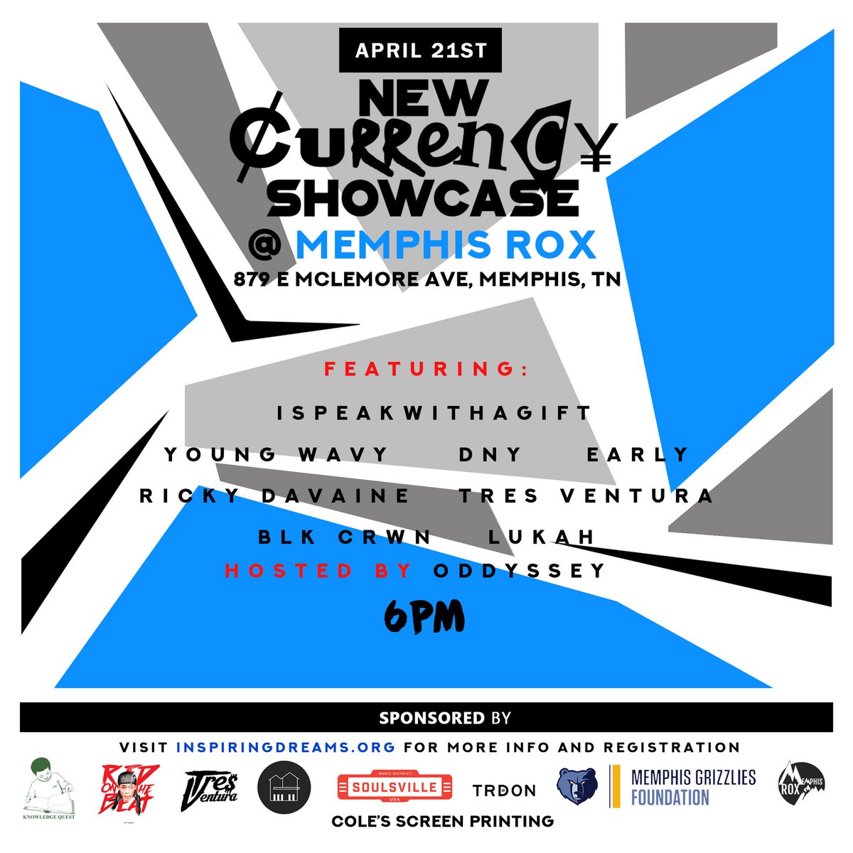 ItsTRES901's tweet photo. Saturday @ #MemphisRox
#NewCurrencyShow | 879 E McLemore | 6pm
Featuring:
@itsEarlyMusic @rickydavaine @ISpeakWithAGift & More
#TRDON #Memphis ๐ง๐พโโ๏ธโจโจ https://t.co/jjMHQC0PQr