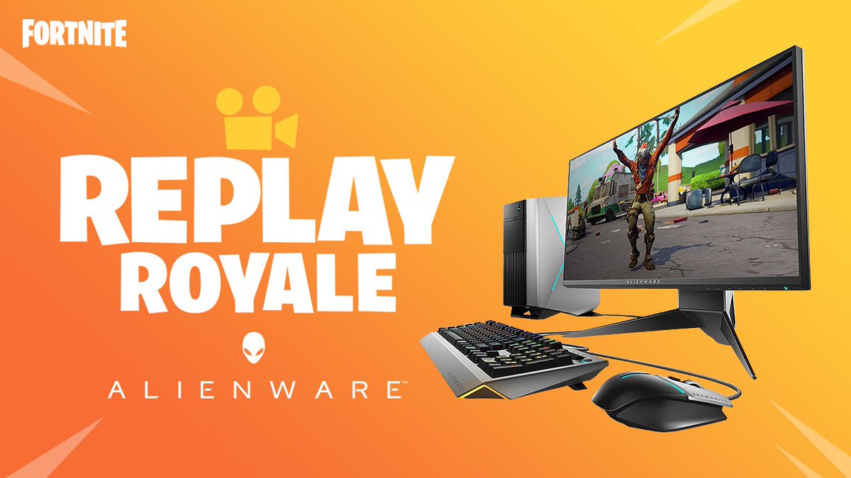 Fortnite's tweet photo. Replay Royale 📽️🎬

Submit your highlights video on YouTube using #ReplayRoyale for a chance to win an @Alienware Aurora PC package and more!

https://t.co/rdno7hJS5V https://t.co/lpEQ4s9cpY