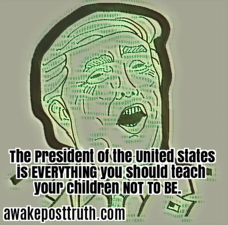 Awakeposttruth's tweet photo. The President of the United States is EVERYTHING you should teach your children NOT TO BE. Visit https://t.co/MIISDgZ8Vg for loads more #DonaldTrump #trumpmemes #trumpmeme #trumpregrets #awakeposttruth #Memes #trump #president #potus https://t.co/KVduOzESa3