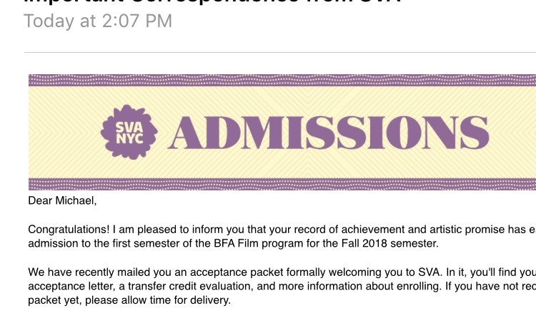 _mikeydonaldson's tweet photo. Today I officially got accepted into Film school at the School of Visual Arts in NYC for next fall😍😍truly a dream come true, couldn’t be more happy😆 https://t.co/WgXJfeHbaR