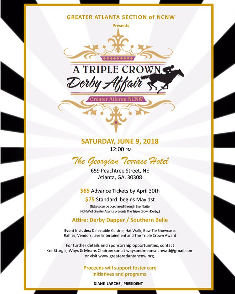ncnwatl's tweet photo. 🗓 #SAVETHEDATE - Mark your calendars for our Second Annual Triple Derby Affair on Saturday, June 9th at 12PM at the Georgian Terrace Hotel! ➡️ More details to come and tickets will go on sale shortly! 🐎💜👗🎟👒 #ncnw #greateratlantancnw #derbydapper #southernbelle #fundraiser https://t.co/Of5qHUIZUS