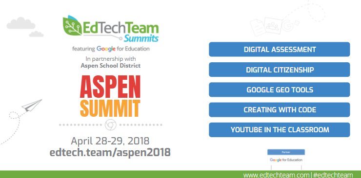 edtechteam's tweet photo. Have you heard?! Sessions announced for the #edtechteam Aspen Summit in partnership w/ @AspenSchoolDist Register now to build your own #edtech adventure! https://t.co/rFdpTubpdE @markwagner @followmolly @trapurdy #coedchat #COASCD #COEDNET #gsuiteedu https://t.co/epjxckKqMr