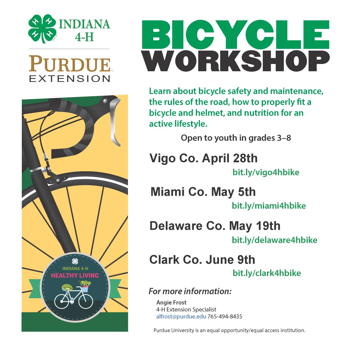 Bicycle workshops will be held across the state this spring! Please note that this weekend's workshop was moved to June 9th. Visit bit.ly/4hbicycle to learn more and register! #4HHealthyLiving 🚴‍♂️