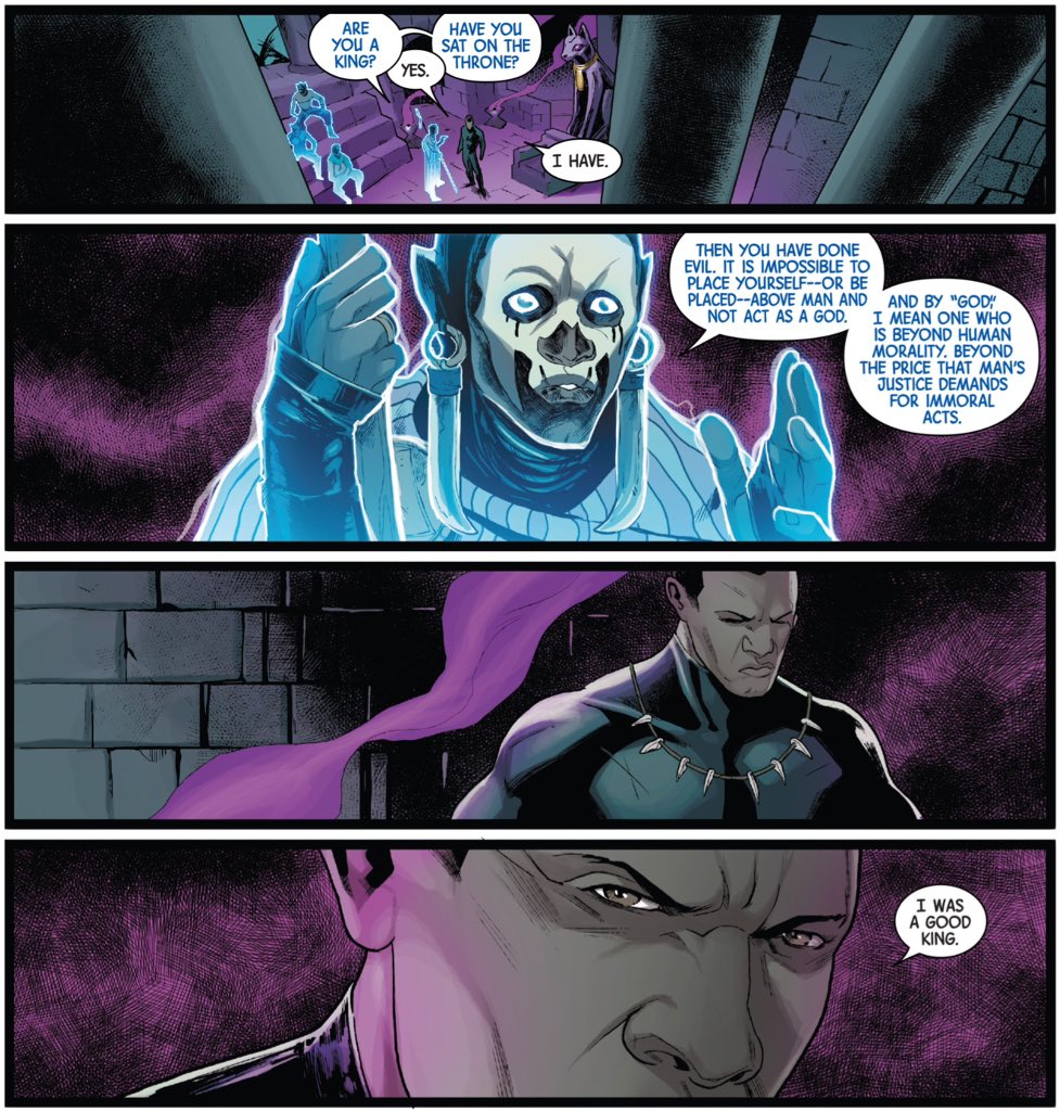 In their work on Black Panther, Hickman and Coates suggest that it is sometimes impossible to be both "a good man" and "a good king."Sometimes kings do terrible things for their kingdoms.Hickman's "New Avengers" is one of the great Black Panther stories.(New Avengers #18.)