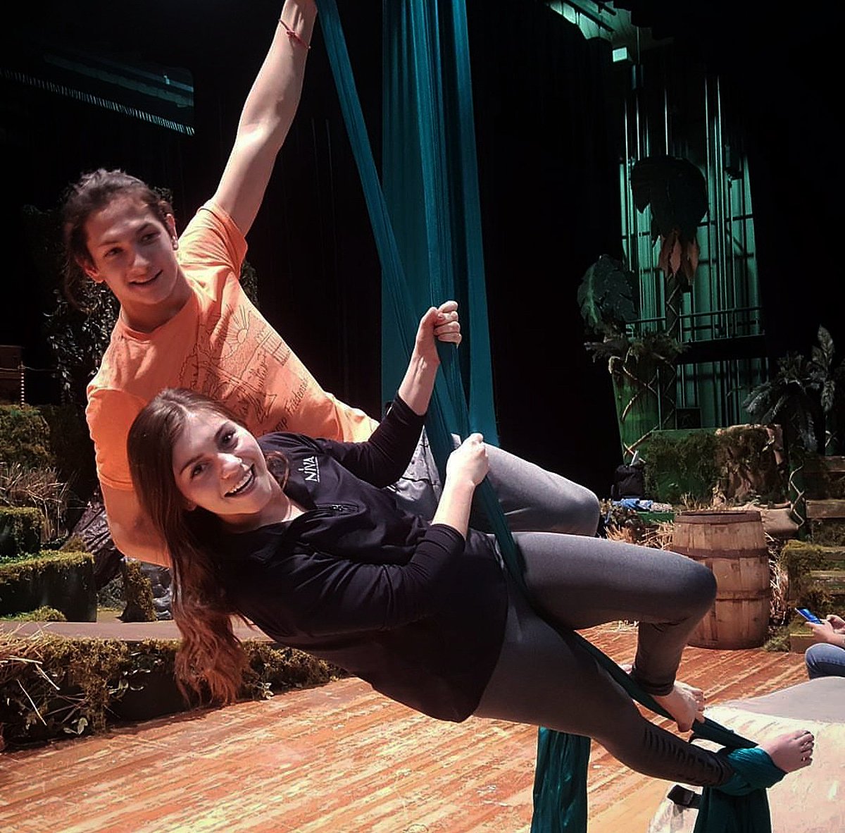 getvertigo's tweet photo. Tarzan and Jane just hanging out in rehearsal. Silks can be a great addition to any production! Contact us to find out more! Photo taken by our Flying Director Audrea Cannon. #aerialsilks #aerialarts #silks #flyingfx #getvertigo #theatricalflying #flyingeffects #tarzan https://t.co/dd2uPao8wK