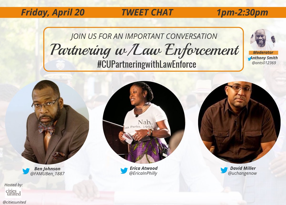 CitiesUnited's tweet photo. Join us tomorrow 1-2:30pm EST for a #TweetChat focused on Effective Ways to Partner With Law Enforcement w/ @FAMUBen_1887 @EricaInPhilly @uchangenow moderated by our ED @ants012369. To prepare download and read our strategic resource guide https://t.co/0WOj3PnLJz https://t.co/ZAAmu9a1YP