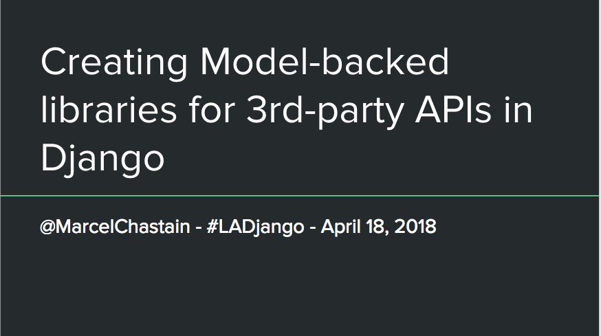 MarcelChastain's tweet image. "Creating Model-backed libraries for 3rd-party APIs in Django"
Slides from my talk last night at @Evite are here:
docs.google.com/presentation/d…
#LADjango #django #python #meetup
