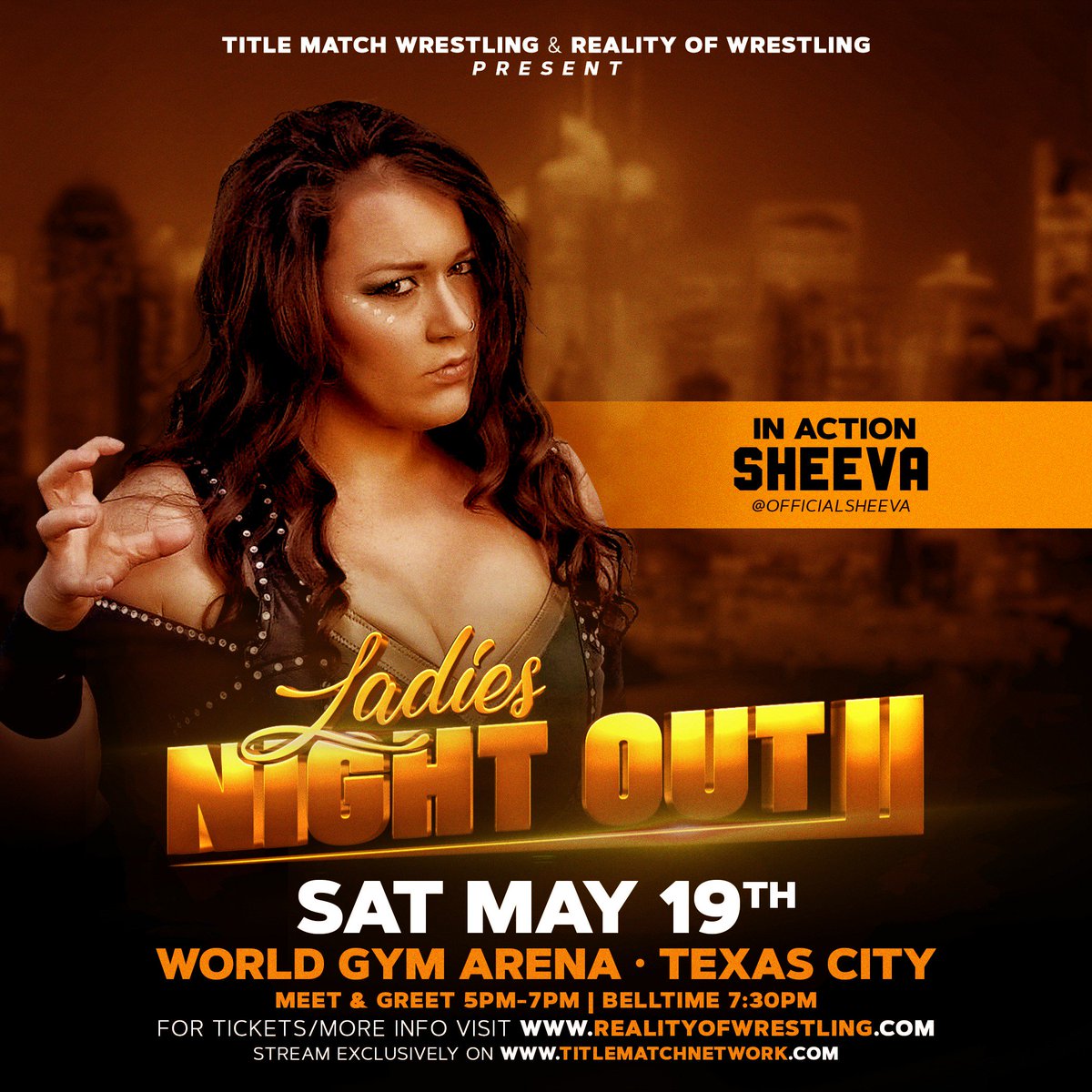 TitleMatchWN's tweet photo. BREAKING: On May 19th the impressive @OfficialSheeva will be in action for Ladies Night Out II in Texas City! Only 6 Ringside Seats Remain!!! Pre-order now: https://t.co/gKwiQnw0Cc Stream Ladies Night Out II LIVE ONLY on https://t.co/nvZ3lauIGe https://t.co/AEduXCii4H