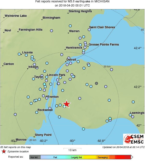 LastQuake's tweet photo. Map of felt reports following M3.6 earthquake (star) #Ontario #Michigan https://t.co/x8GI6VRgIQ