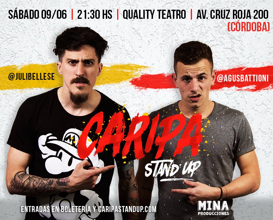 Minaproduccion's tweet photo. 📍CORDOBA‼️#Caripa es un show de comedia y Stand Up conformado por @agusbattioni y @JuliBellese, en el cual vuelcan todo el humor que hacen en redes sociales!
🤷🏻‍♀️ Cuándo? Sab 9/6 21:30hs
📍 Dónde? @qualityespacio
🎟 Tickets? Boletería del teatro o https://t.co/610FB8ht1X https://t.co/Pwg1MakkIc