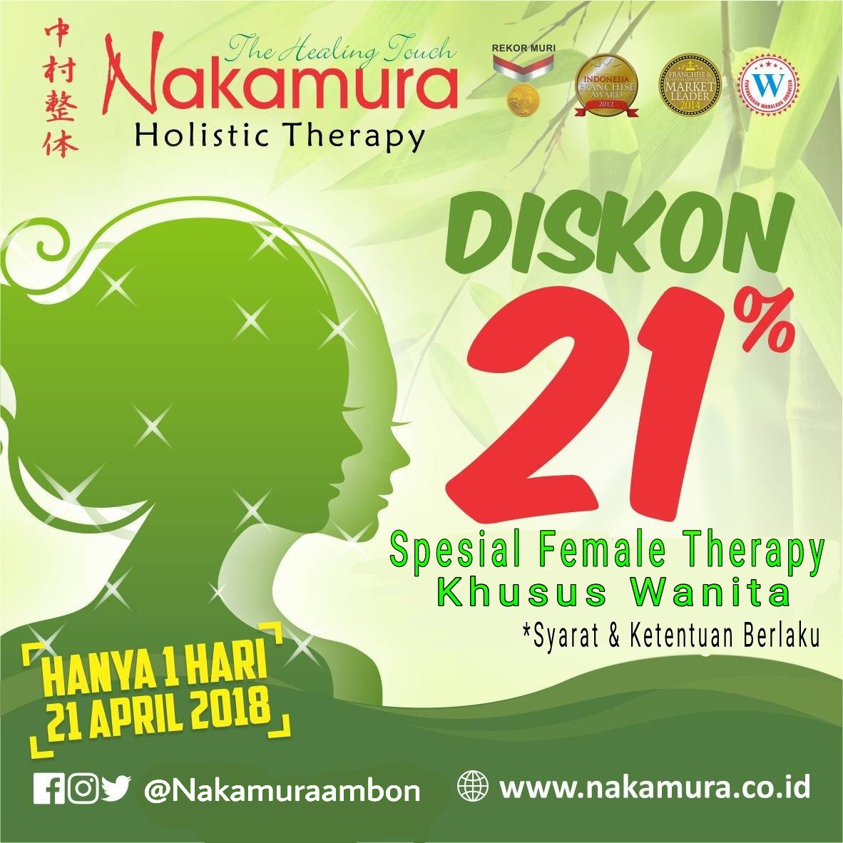Spesial hari Kartini

Khusus Wanita
Disc 21 % Female Therapy !!

Jangan Sampe Ketinggalan ya Gusy ,hanya berlaku 1 hari di 
tgl 21 April 2018

Info &amp; Reservasi
0911-345557