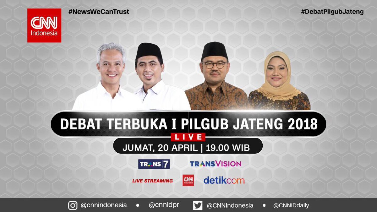 MALAM INI
#DebatPilgubJateng 
<a href="/ganjarpranowo/">Ganjar Pranowo</a> 

Jumat, 20 April 2018, LIVE pukul 19.00 WIB di <a href="/TRANS7/">TRANS7</a> atau <a href="/CNNIndonesia/">CNN Indonesia</a> di <a href="/TransvisionID/">Transvision Official</a> !

<a href="/Takviri/">Takviri</a> <a href="/kangdede78/">Dede Budhyarto</a> <a href="/habibthink/">Habib Think</a>