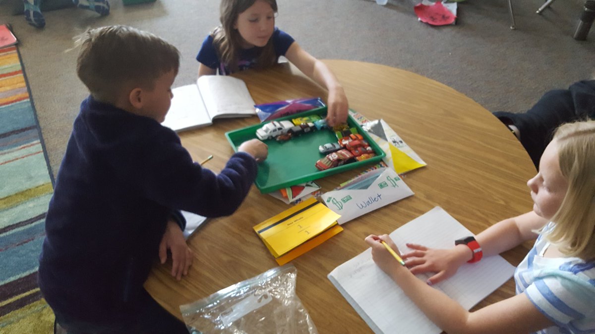 KallsenSarah's tweet photo. Great math thinking in 3rd grade! Using cars and teamwork to figure out fractions of a set. #lovemhe #3rdgrade https://t.co/bSKFQQZ4jT