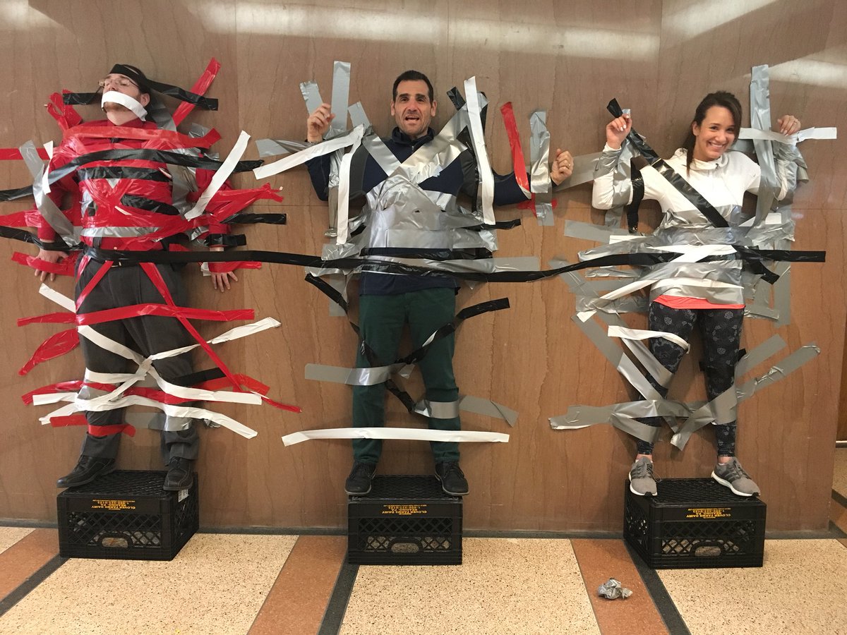 joepav5's tweet photo. Give it up for Ms.Dalia @ the Clarke Key Club who put together an incredible event where you get to tape a teacher/counselor/Admin.to the wall for charity!Much of the proceeds will be donated to help the Florida shooting. victims.#stuckforabuck #giveback @WTCRams @emeadowschools https://t.co/8xIF0h8ETD