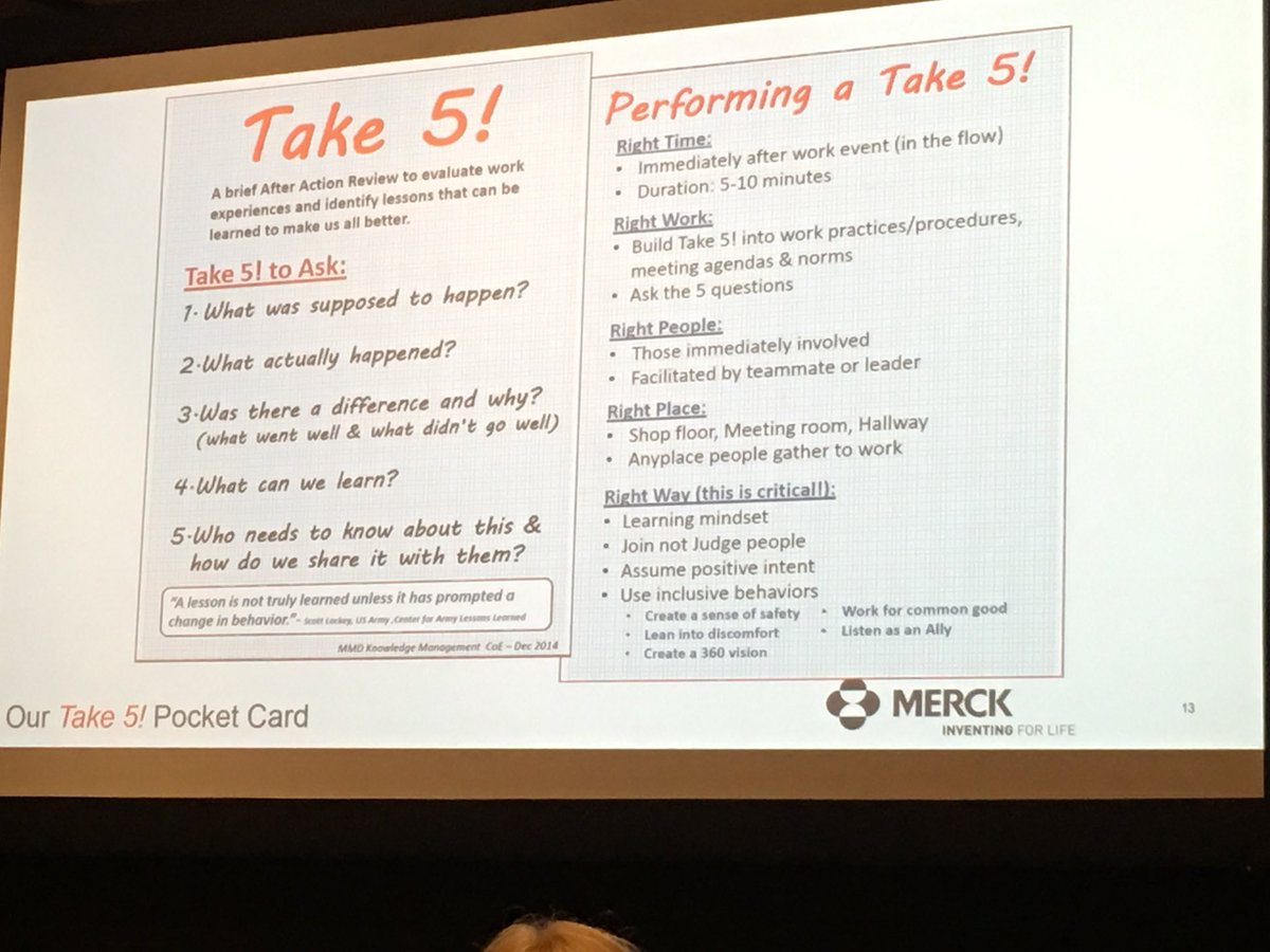 Learning organizations needs to foster mindsets and behaviors to promote safety and comfort when speaking up abt what work/didn’t work. <a href="/Merck/">Merck</a> sharing a continuum of #AfterActionReviews <a href="/APQC/">APQC</a> #apqckm