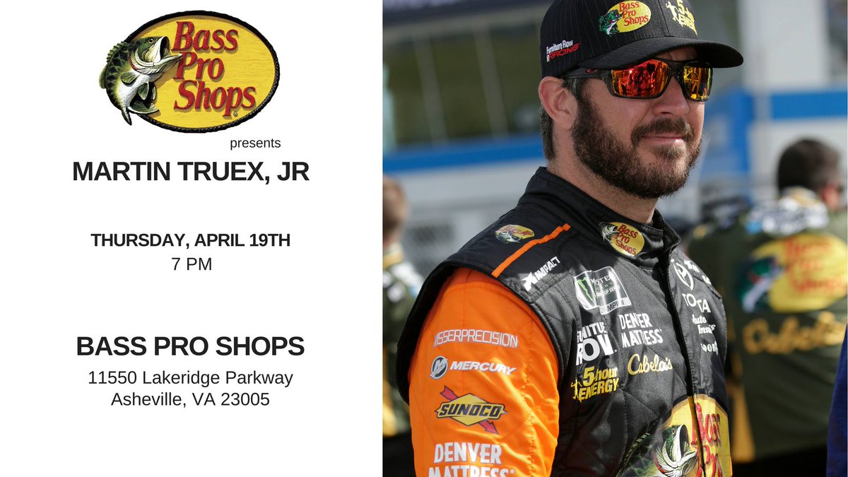 FalciAdaptive's tweet photo. Reminder: @MartinTruex_Jr's signing autographs at the Ashland VA @BassProShops tonight at 7 PM » https://t.co/pMixDa4IwJ
#DriverAppearance #NASCAR #MeetMartin https://t.co/fxZNwBpqYq
