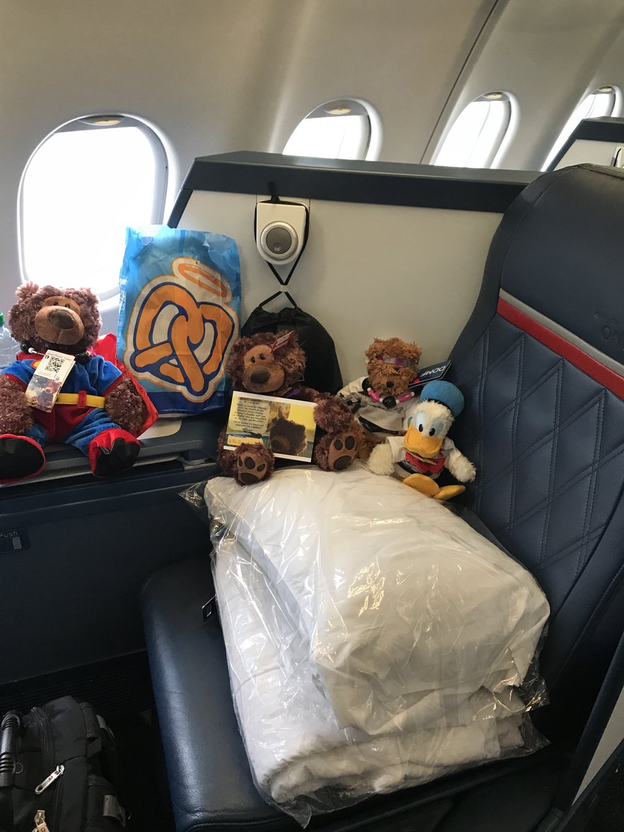 BearsInTheAir's tweet photo. I’m so excited for my first flight to Amsterdam - we’re flying #DeltaOne. I brought all my friends to celebrate, including #AirBear117 (aka Rob) who is going to live with his new friend AND it’s the first flight as a Delta Flight Attendant for one of my FAs! #FlyDeltaJets @Delta https://t.co/GxTtZC6Da3