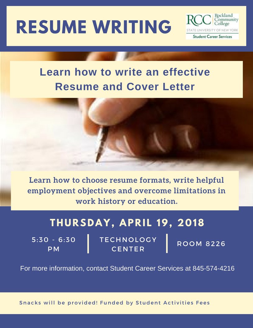 RCC_Careers's tweet photo. Ready to apply to a job? Make sure your resume is ready too! Resume Writing Workshop -TODAY @ 5:30pm @SUNYRockland #resume #employment https://t.co/nlHQUaQIkf