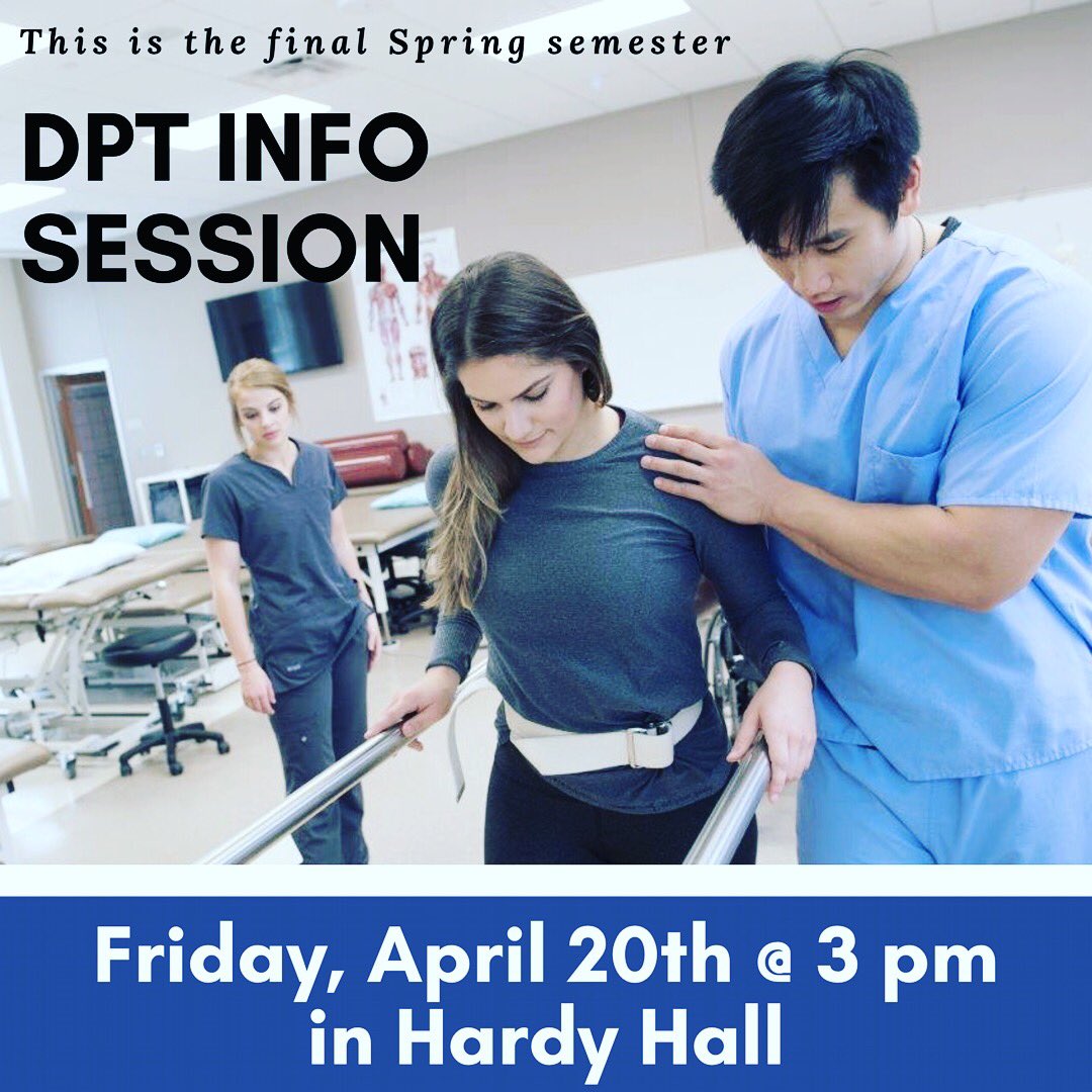UMHBGradSchool's tweet photo. Join us Friday afternoon for the final Spring semester DPT Info Session at 3 p.m. in Hardy Hall. #umhbdpt #UMHB #dpt https://t.co/x8cF2B1AAO