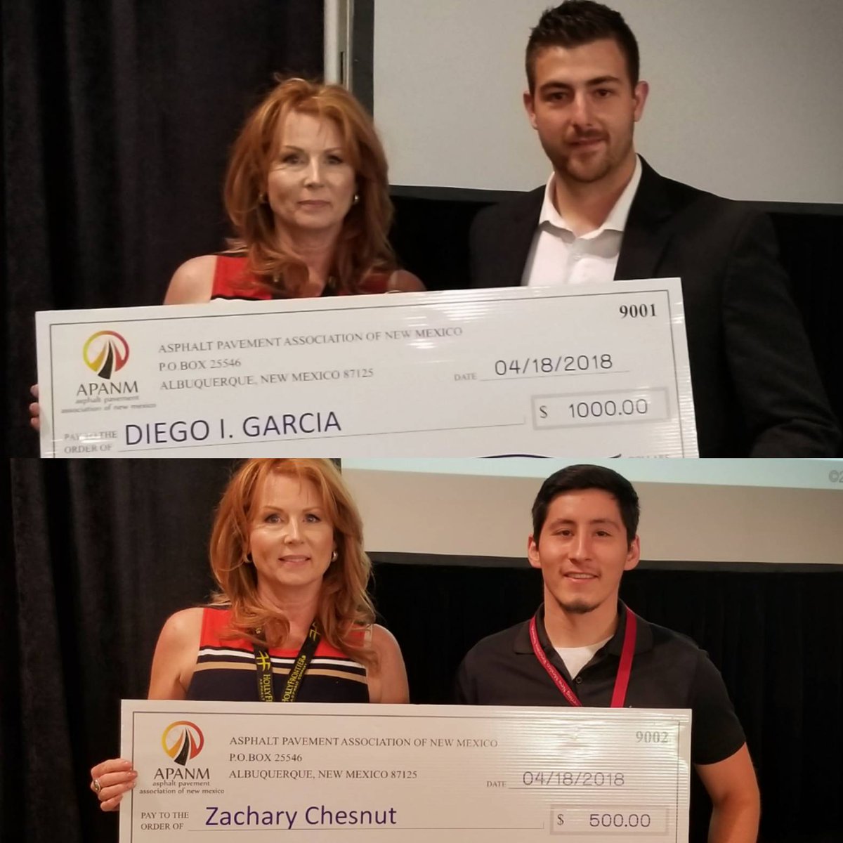 engroutreach's tweet photo. Diego Garcia and Zach Chesnut from @nmsu receive the APANM scholarship for asphalt research! #nmtranscon #transportation #NMSUEngineering https://t.co/1sDO37DbTB