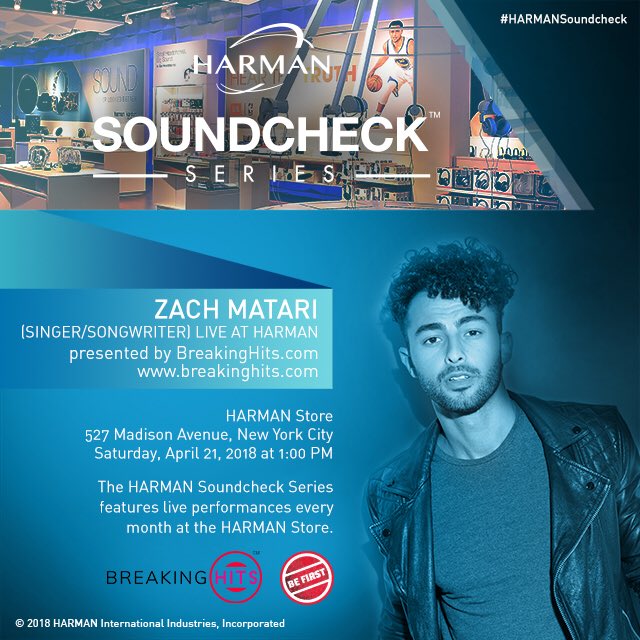 ZachMatari's tweet photo. Hey everyone! FREE show this Saturday 4/21 at @HarmanStore in NYC!  Come by and hang out from 1:00-3:00 PM! I have a great set for you! Message me if you have any questions! #HarmanSoundcheck https://t.co/1Hheps8lTV