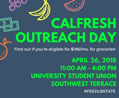 CFO_LBState's tweet photo. CalFresh Outreach Day is quickly approaching! Save the date and come check it out. See if you qualify for CalFresh! 🍎 https://t.co/zsD7NEDW8a