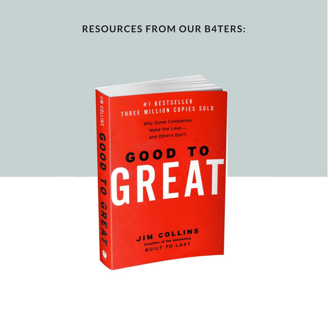 openb4t's tweet photo. We have been asking B4Ters what their favorite inspiration/B4T/business books are. "Good to Great" by Jim Collins was recommended by a B4Ter. Check out this book and add it to your reading list! #B4T #BusinessforTransformation #BusinessAsMission #Business #Gospel #1040window https://t.co/foXDfb9KnL
