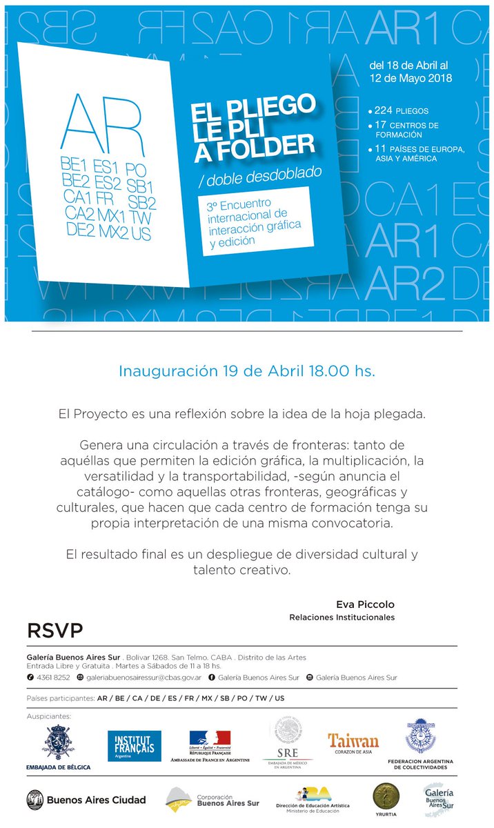 Hoy se inaugura en Buenos Aires la exposición de El Pliego, un proyecto del <a href="/Grupo_dx5/">Grupo dx5</a> que cuenta con la colaboración de 17 centros de arte en 11 países. Así, el 3º Encuentro Internacional de Interacción Gráfica y Edición suma 17 exposiciones realizadas por todo el mundo!!