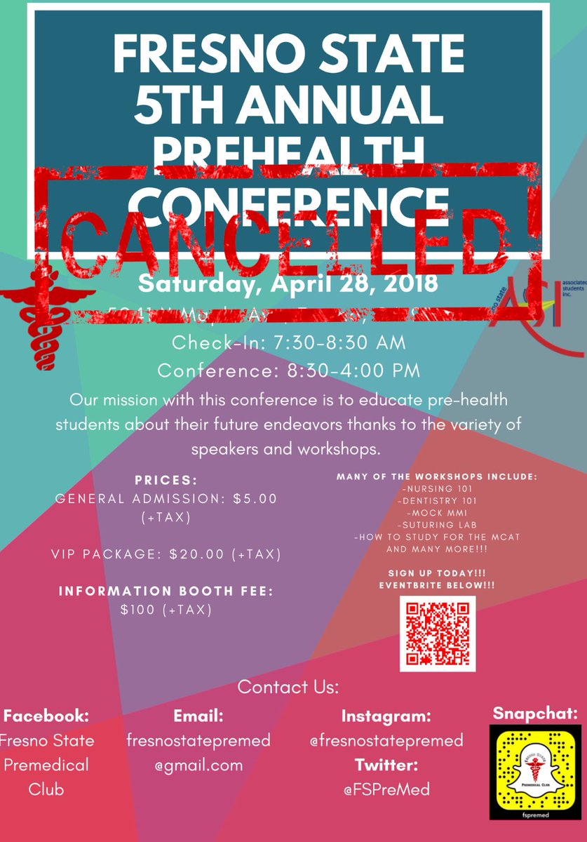 Good afternoon everyone. We regret to inform you that our 5th Annual Pre-Health Conference has been cancelled due to lack of attendees. We apologize for any inconvenience. For those that have purchased a ticket, you will be receiving a full refund. Thank you all.