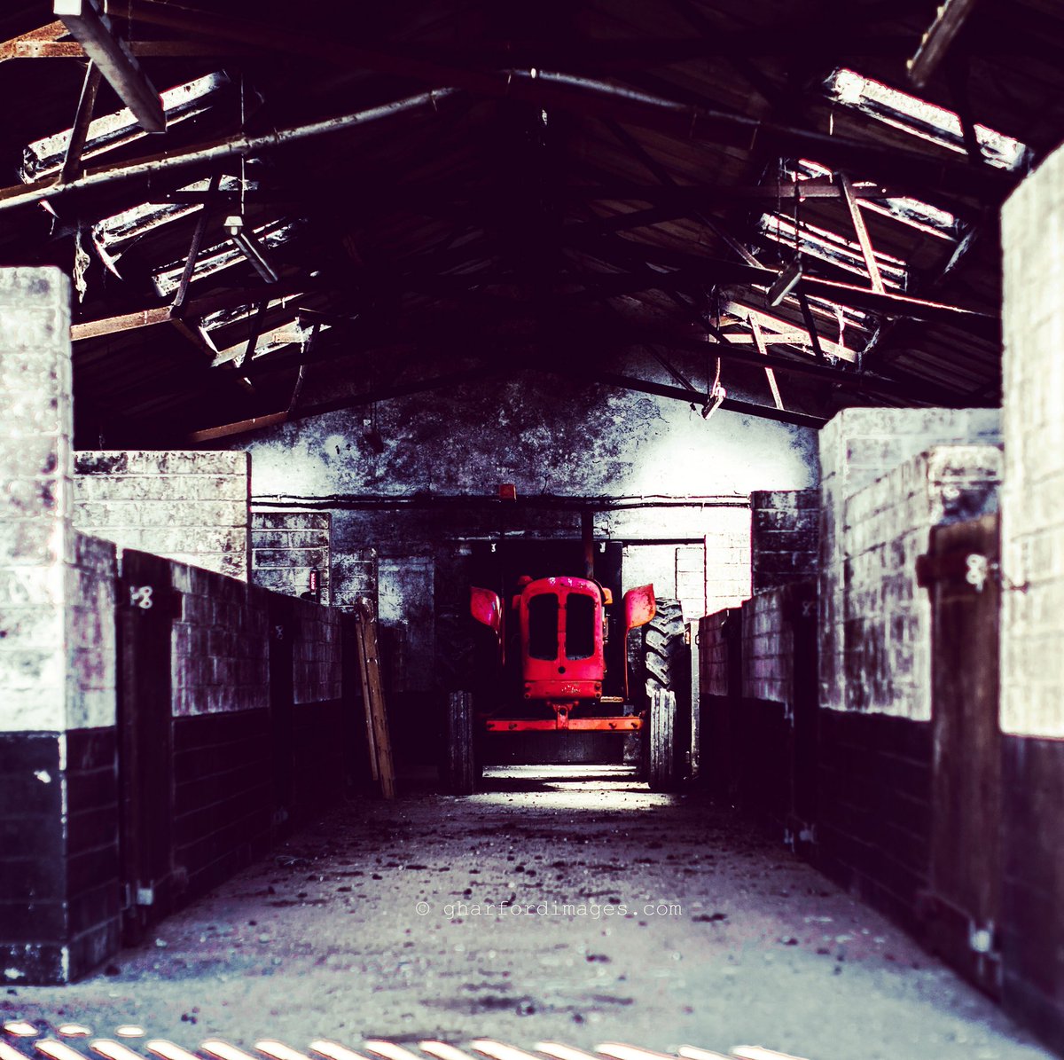 GarethHarford's tweet photo. A really good shoot today and I came across this old #nuffieldtractor in some disused stables. You’ll never guess which motorcycle racer owns and loves driving this......!? 🤔😜
#redtractor #red #old #stables #racing #symetry #agriculture #farming https://t.co/ZSa6yq6Zhq