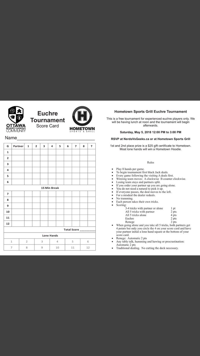 HometownSportsG's tweet photo. Calling all Euchre players - The Ottawa Board Gaming Community is hosting their tournament at Hometown on Saturday May 5!♦️ Come play, win prizes and enjoy delicious food and drinks! 🍻 @Ottawa_BGC https://t.co/Rth85kQiA6