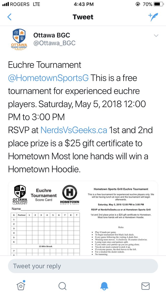 HometownSportsG's tweet photo. Calling all Euchre players - The Ottawa Board Gaming Community is hosting their tournament at Hometown on Saturday May 5!♦️ Come play, win prizes and enjoy delicious food and drinks! 🍻 @Ottawa_BGC https://t.co/Rth85kQiA6