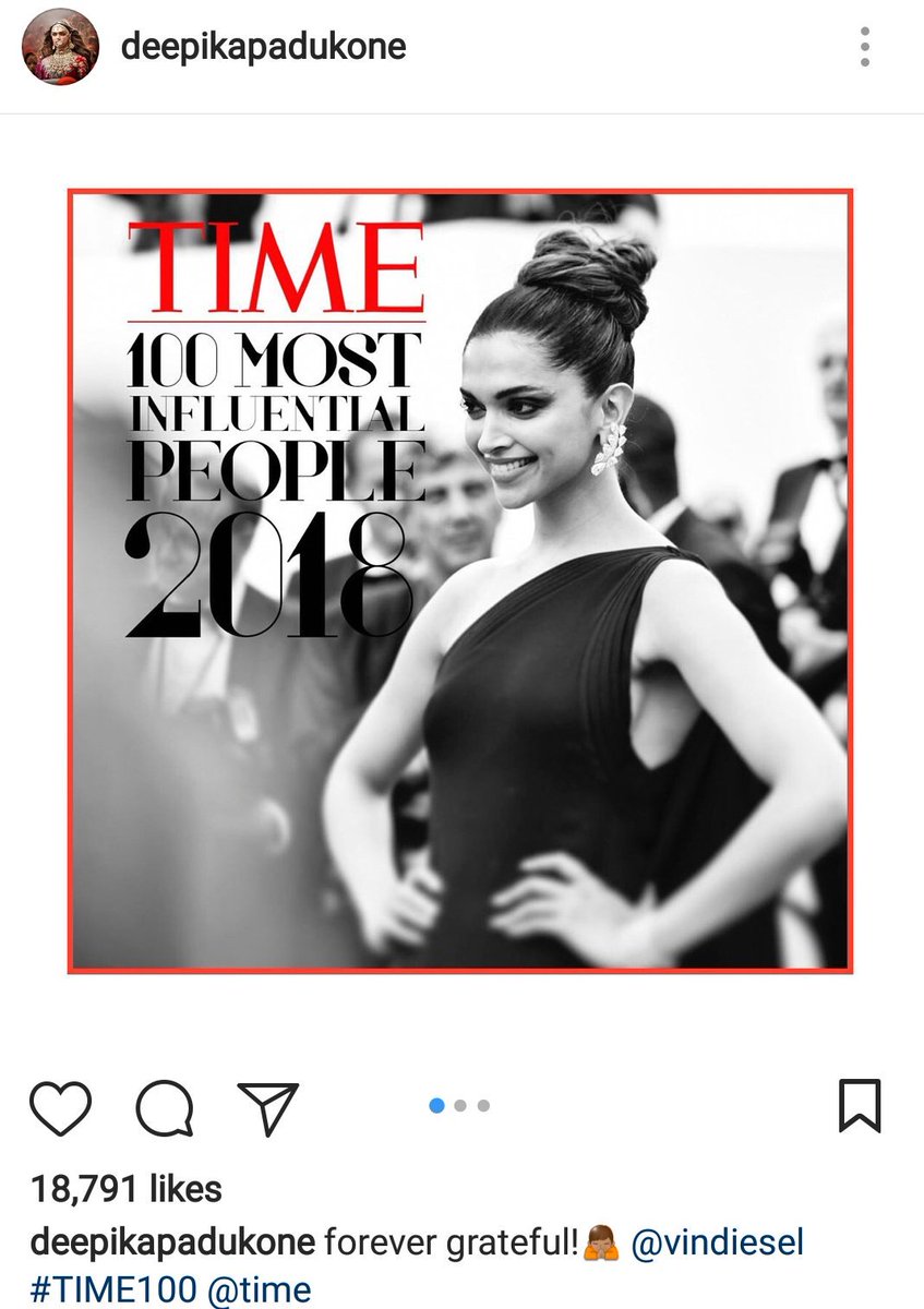 DeepikaPFC's tweet photo. [Instagram] @deepikapadukone: "forever grateful!🙏🏽 @vindiesel #TIME100" #DeepikaInTime100 https://t.co/81FOJrLrNa