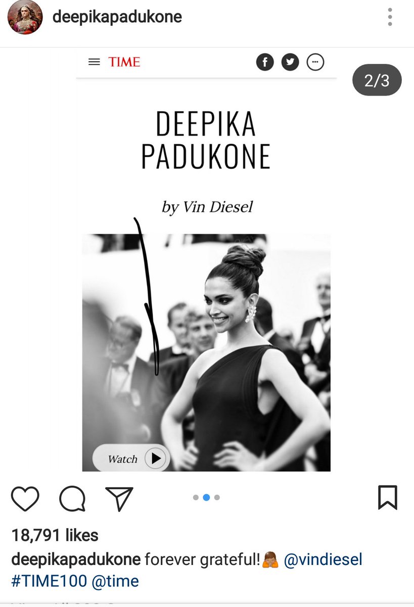 DeepikaPFC's tweet photo. [Instagram] @deepikapadukone: "forever grateful!🙏🏽 @vindiesel #TIME100" #DeepikaInTime100 https://t.co/81FOJrLrNa