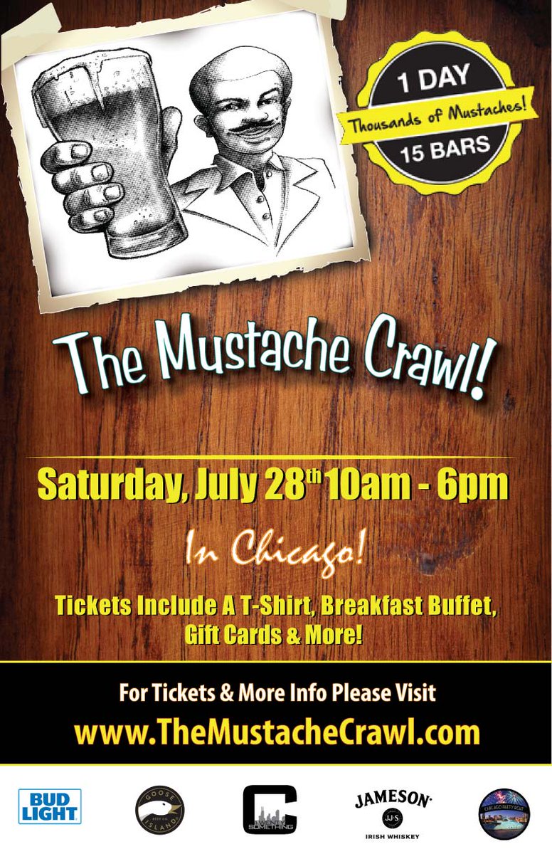 The Mustache Crawl - Chicago's Biggest Mustache Party is Back on Saturday, July 28th!
Get Super Early Bird Discounted Tickets NOW For Only $10 at TheMustacheCrawl.com!
 #chicago #chicity #chigram #chicagoland #chitown #barcrawl #daydrinking #mustache #themustachecrawl