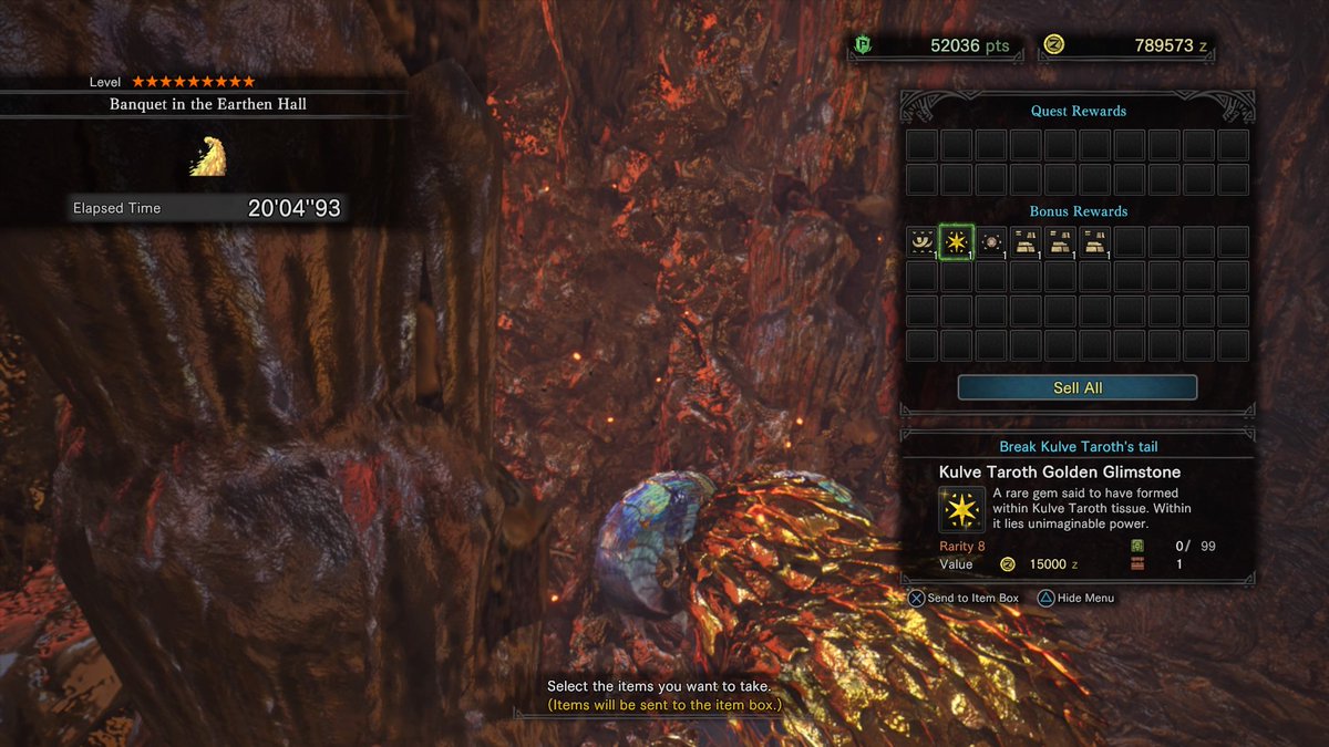 LeashWasHere's tweet photo. Look this is my first time doing the quest... I have no idea how rare the drops are... But I feel great getting all this is one run first time 😂👌 #MHW #MONSTERHUNTERWORLD #KulveTaroth #MHWorld #desiresensor #gem #gold #elderdragon https://t.co/0YRRe70hEd