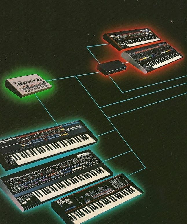 ComputerLove_'s tweet photo. From a 1984 Roland "Enter the world of MIDI" three-page fold-out featuring the TR909 drum machine, Jupiter-6, Juno-106, Juno-60, Jupiter-8, JX-3P synthesizers, &amp; MD-8 MIDI/DCB interface. #synths #80s https://t.co/bnseWsDuhZ