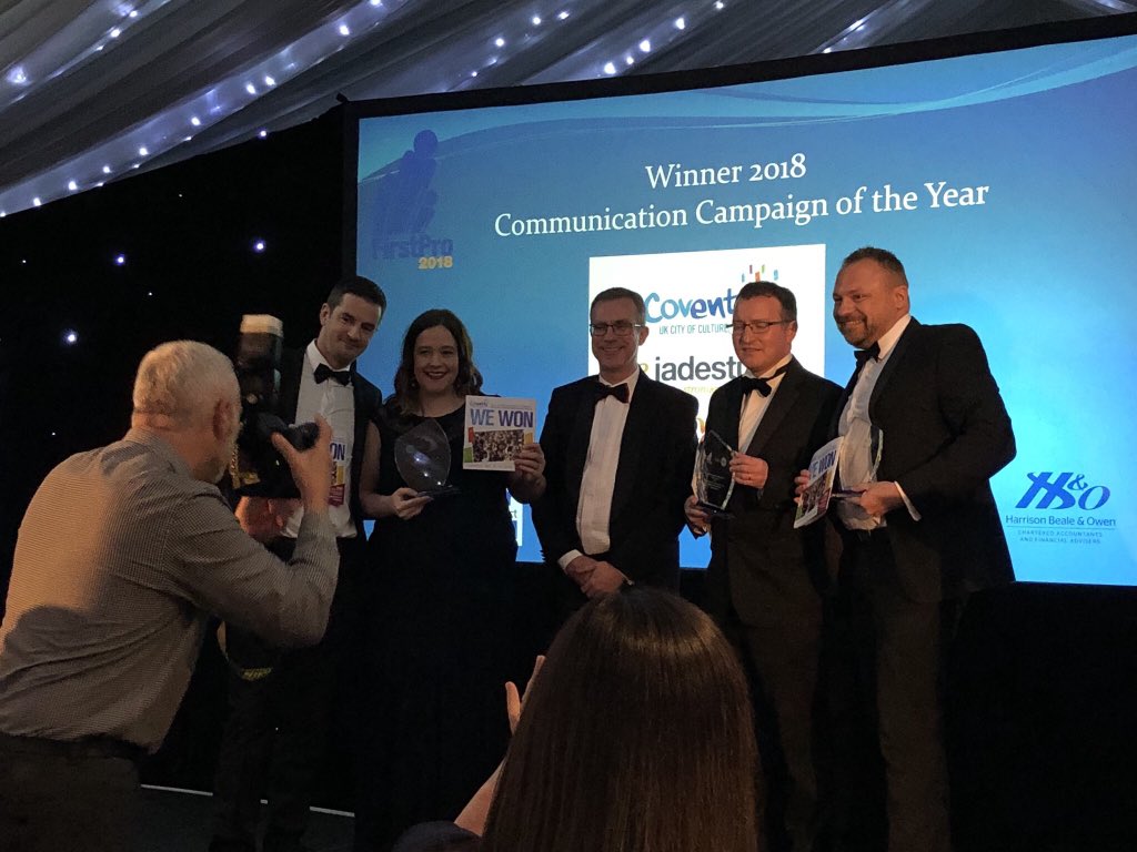 Coventry2021's tweet photo. We won!!! So proud of what we’ve achieved with @thejadestudio and @adventpr Communication Campaign of the Year at #FirstPro2018 #Proud #ThisisCoventry https://t.co/Cg2mg7qxhl