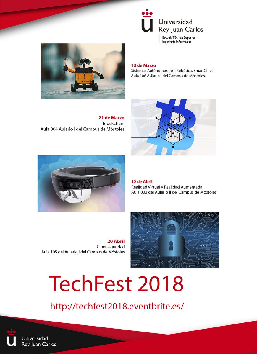 UnionDeAlumnos's tweet photo. en unos minutos @X1RedMasSegura  comenzará su ponencia en el #URJCTECHFEST2018  a las 19:00 para cerrar este edición https://t.co/o5XZQwMKNg