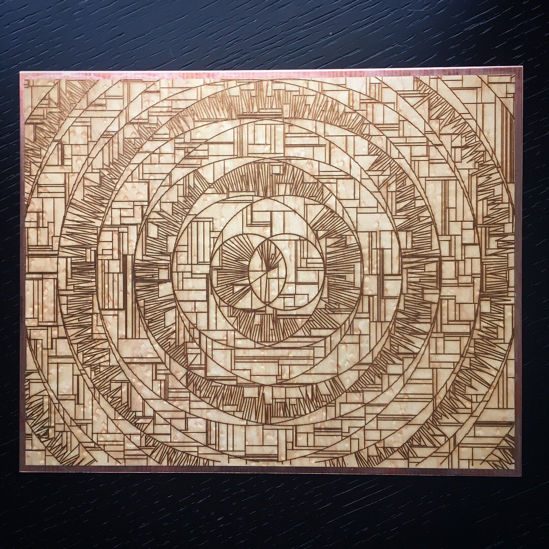 JacobJoaquin's tweet photo. Spiral Lines, Rectangles and Circles 20180415
By J. Joaquin and J. Good
Code, Copper, Wood
· · ·
#abstract #art #creativeCoding #generative #generativeArtifact #laserEtch #processing https://t.co/gXVrpTr5M1