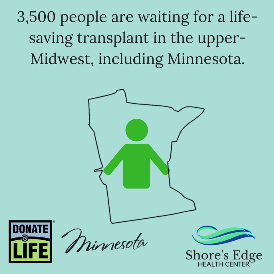 ShoresEdgeHC's tweet photo. 3,500 people need an organ transplant in the Upper Midwest. Help your neighbors and #DonateLife. https://t.co/lJZf3ic5g4