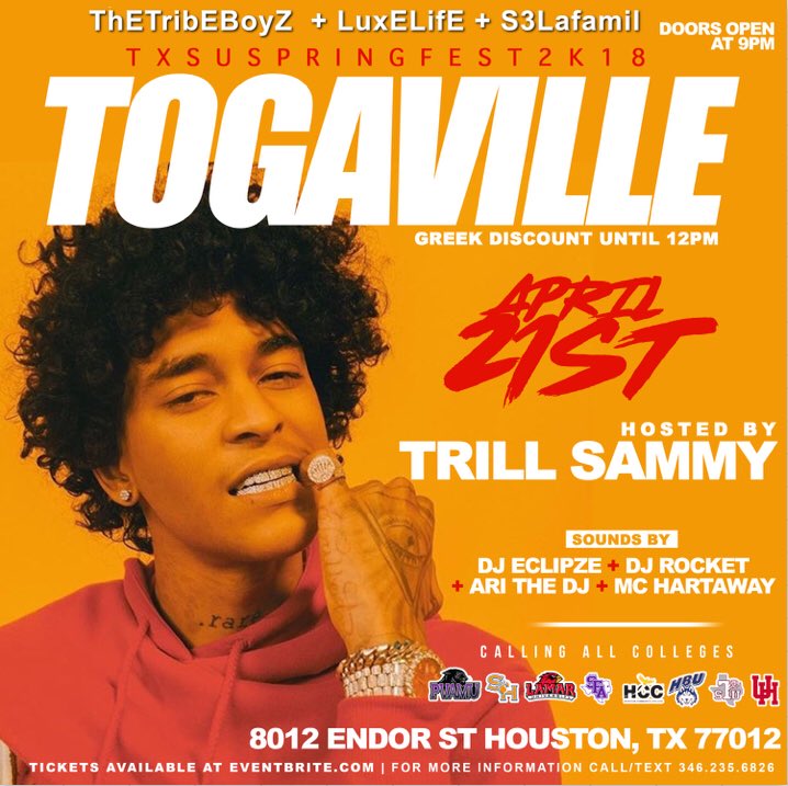 TheTribEBoyZ's tweet photo. Whats the Next Big Move !!

TsuWeHavEAProblem #TxSuSpringfest2k18

4/19 #BeyondWasted

4/20 #Ghostbusters3

4/21 #TogaVille 

4/22 #4amFreeEvent https://t.co/vVcTqC9Uvc