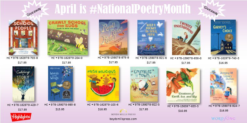 astrakidsbooks's tweet photo. In honor of #NationalPoetryMonth, we are celebrating our #Wordsong library of poetry books! To win one of the titles pictured below, simply RT this tweet to win. We will pick 5 random winners and the books EOD tomorrow. Good luck! https://t.co/WNUc4qOjlJ