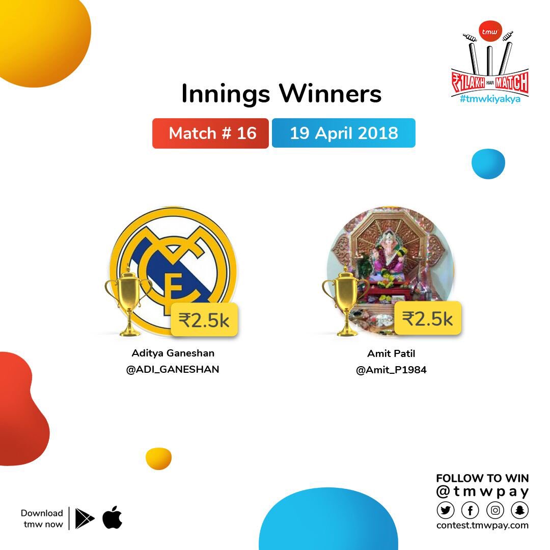 Let's give it up and give a round of applause for today's #tmwkiyakya winners! @ADI_GANESHAN &amp; <a href="/Amit_P1984/">Amit Patil</a>! Congrats, you both win ₹2,500 in your <a href="/tmwpay/">tmw fintech pvt ltd.</a> #SmartSpend app 🥂

Join the fun, register at 👉🏻 tmw.is/contest to play and win yourself!
